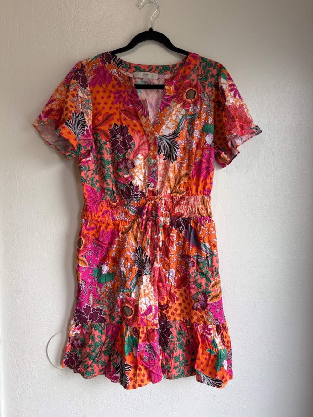 NWT Loft Patchwork Bloom Smocked Tie Waist Mini Dress Size Large